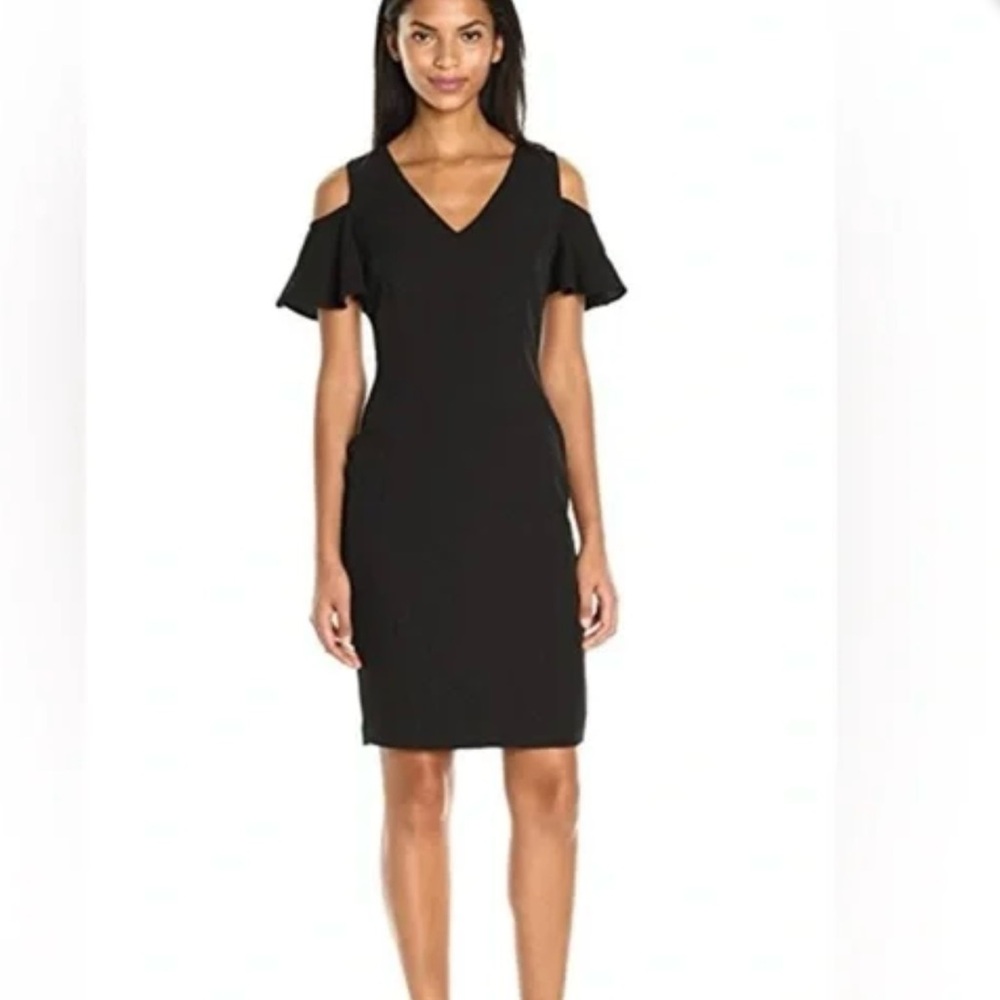 Calvin Klein Little Black Cold Shoulder Dress V Neck Above Knee sz 12